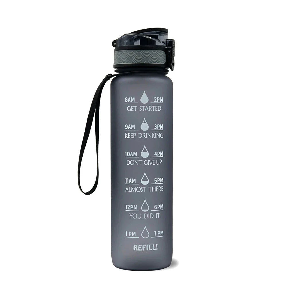 1-Liter Tritan Sports Water Bottle with Time Markers, Bounce Cover, and Motivational Design