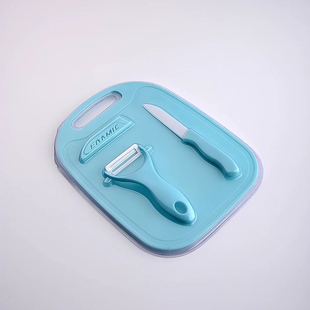 Blue and gray kitchen gadget set with stainless steel blades and ergonomic handles for food preparation