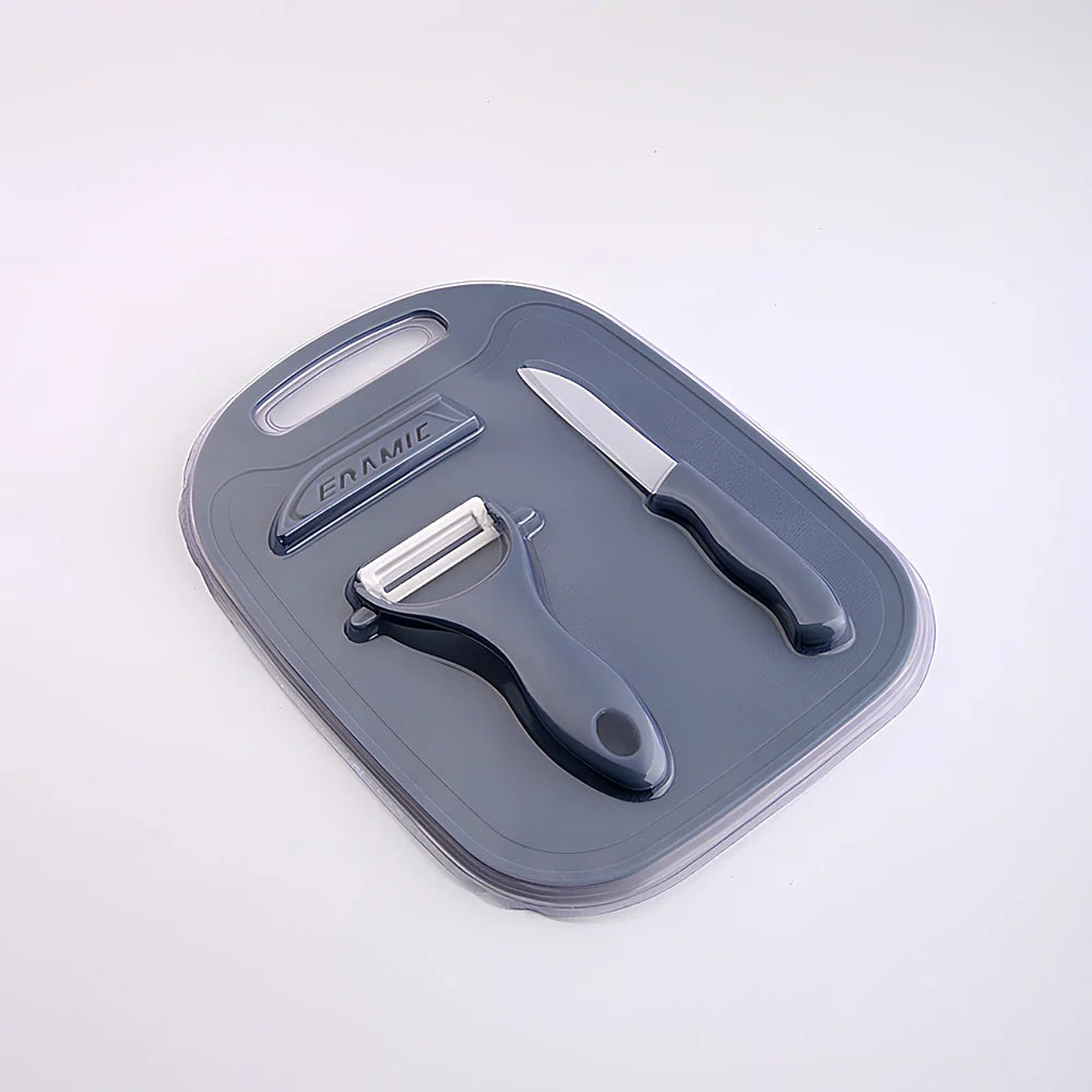 Blue and gray kitchen gadget set with stainless steel blades and ergonomic handles for food preparation