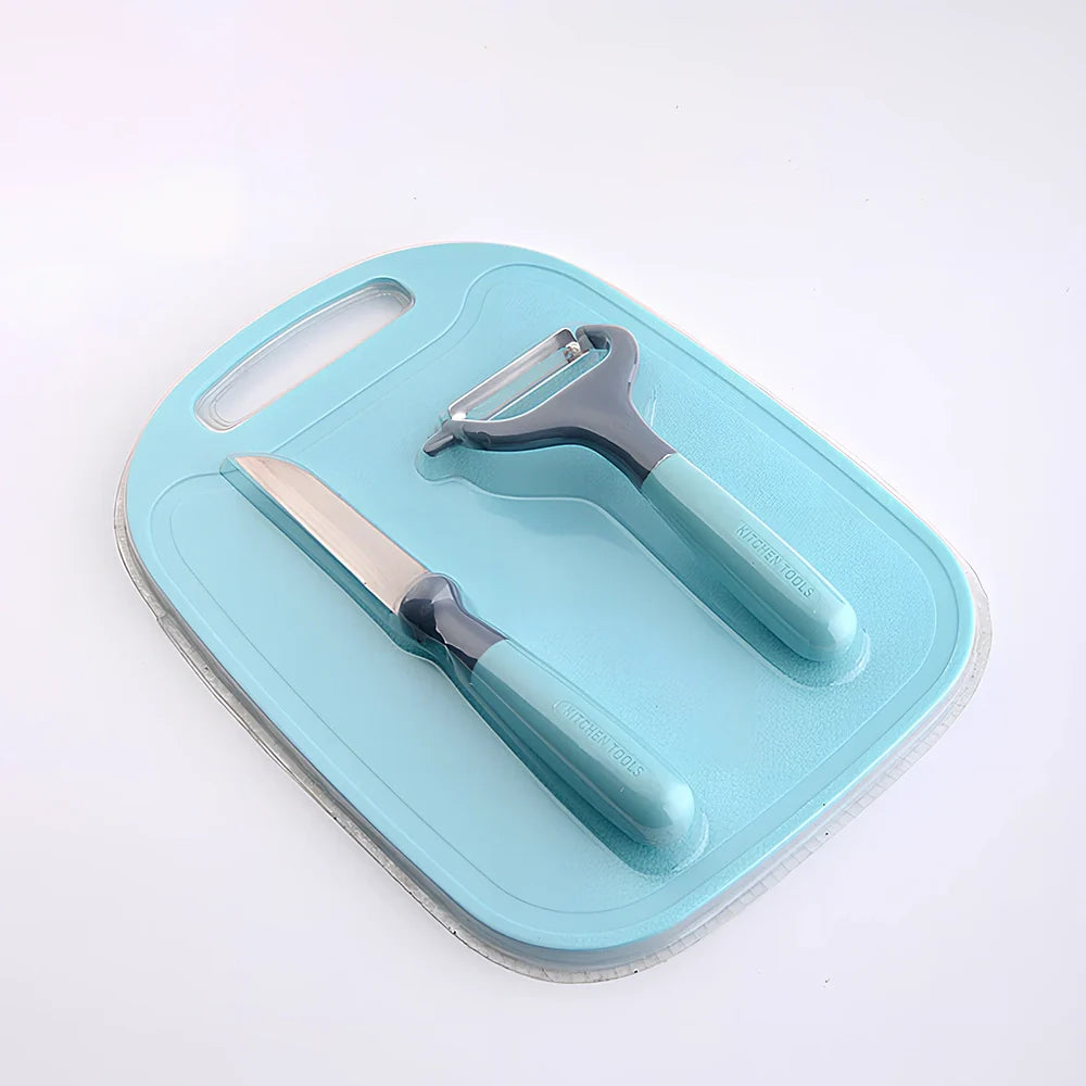 Blue and gray kitchen gadget set with stainless steel blades and ergonomic handles for food preparation