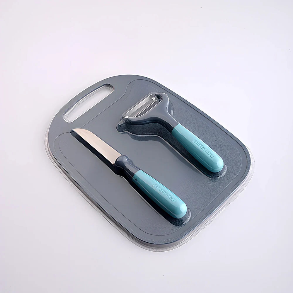 Blue and gray kitchen gadget set with stainless steel blades and ergonomic handles for food preparation