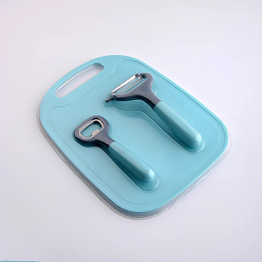 Blue and gray kitchen gadget set with stainless steel blades and ergonomic handles for food preparation