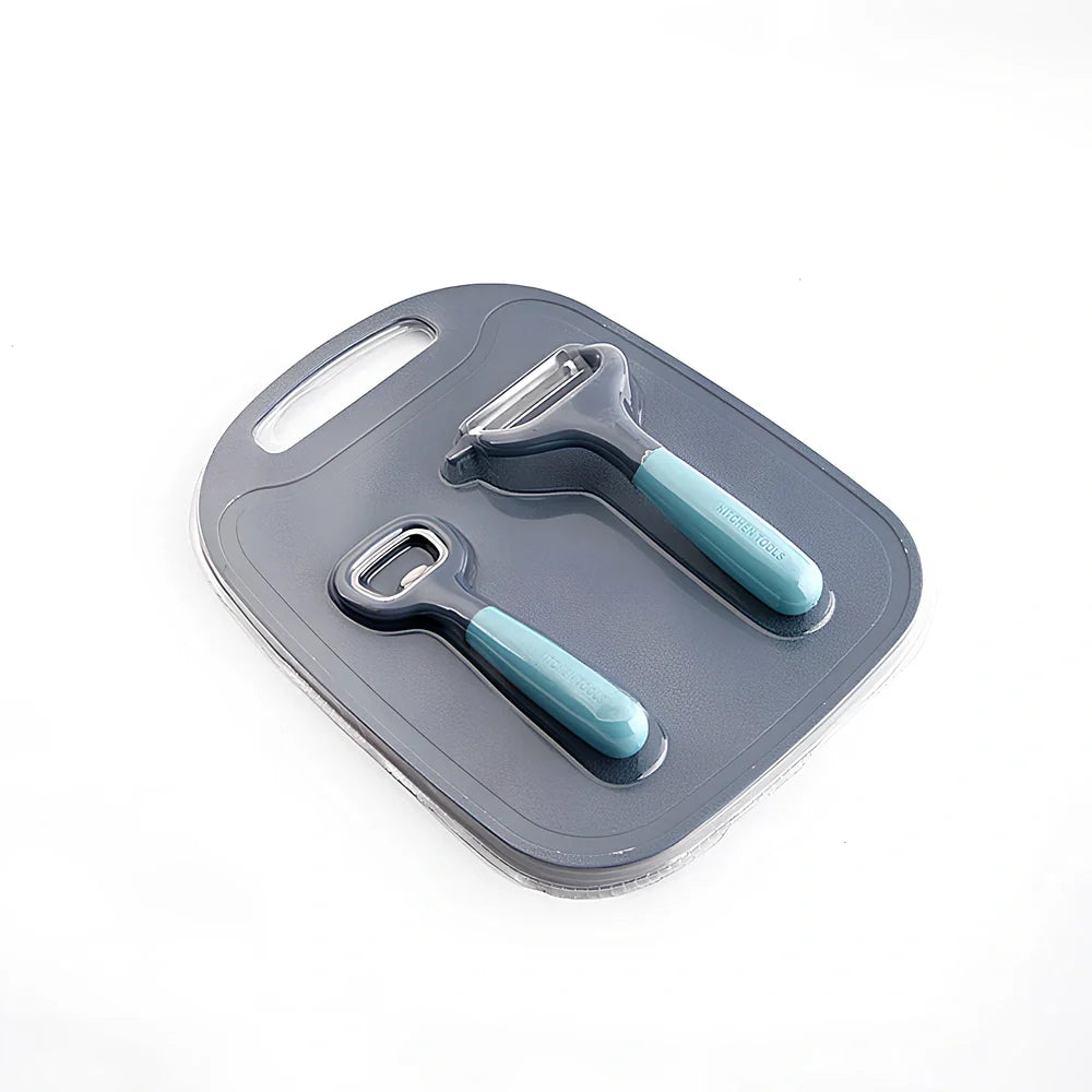 Blue and gray kitchen gadget set with stainless steel blades and ergonomic handles for food preparation