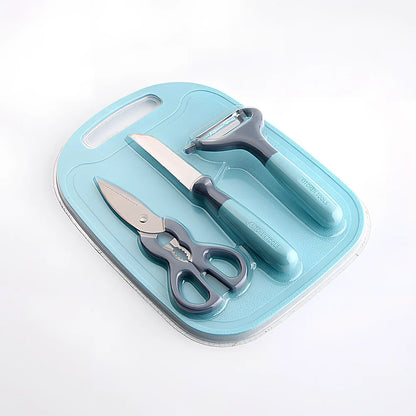 Blue and gray kitchen gadget set with stainless steel blades and ergonomic handles for food preparation