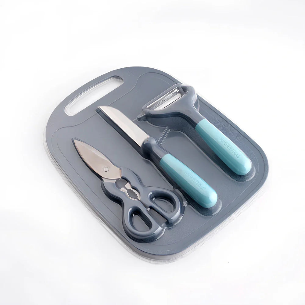 Blue and gray kitchen gadget set with stainless steel blades and ergonomic handles for food preparation