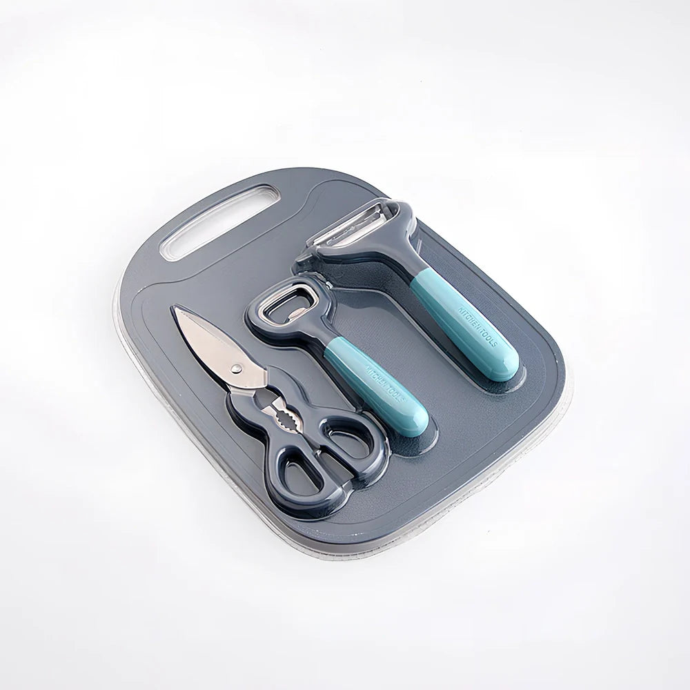 Blue and gray kitchen gadget set with stainless steel blades and ergonomic handles for food preparation