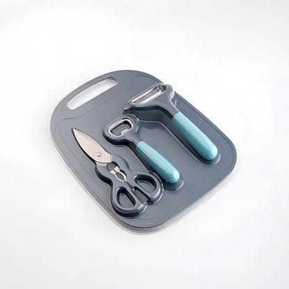 Blue and gray kitchen gadget set with stainless steel blades and ergonomic handles for food preparation