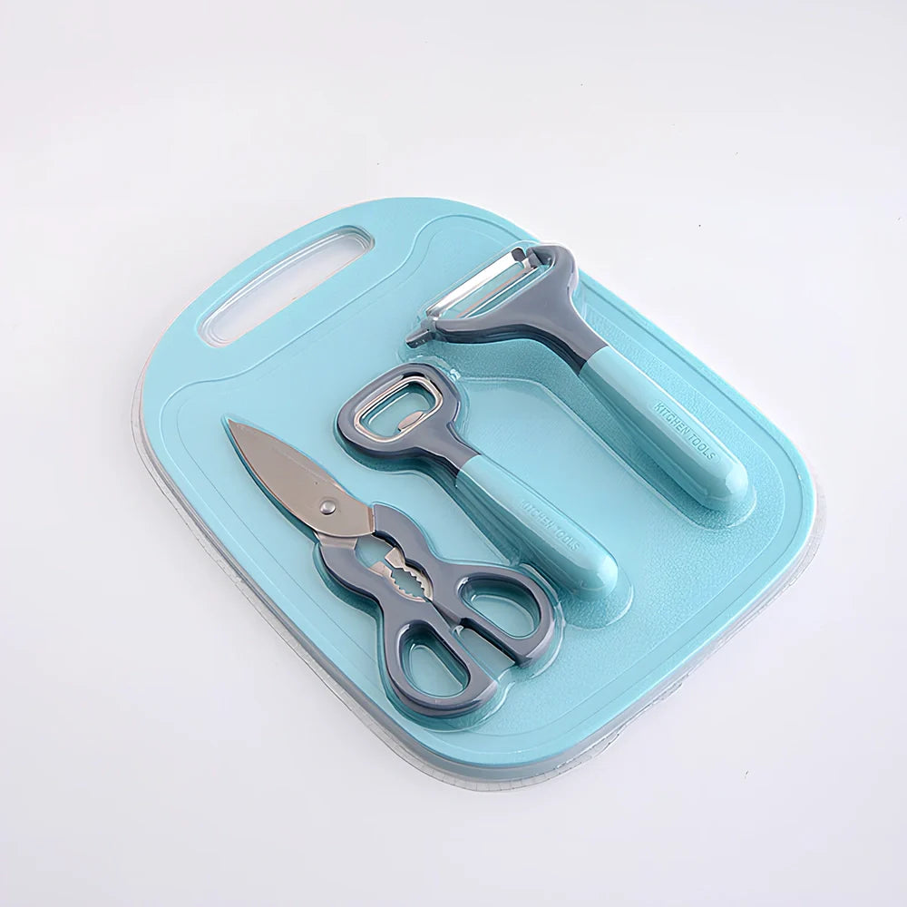 Blue and gray kitchen gadget set with stainless steel blades and ergonomic handles for food preparation