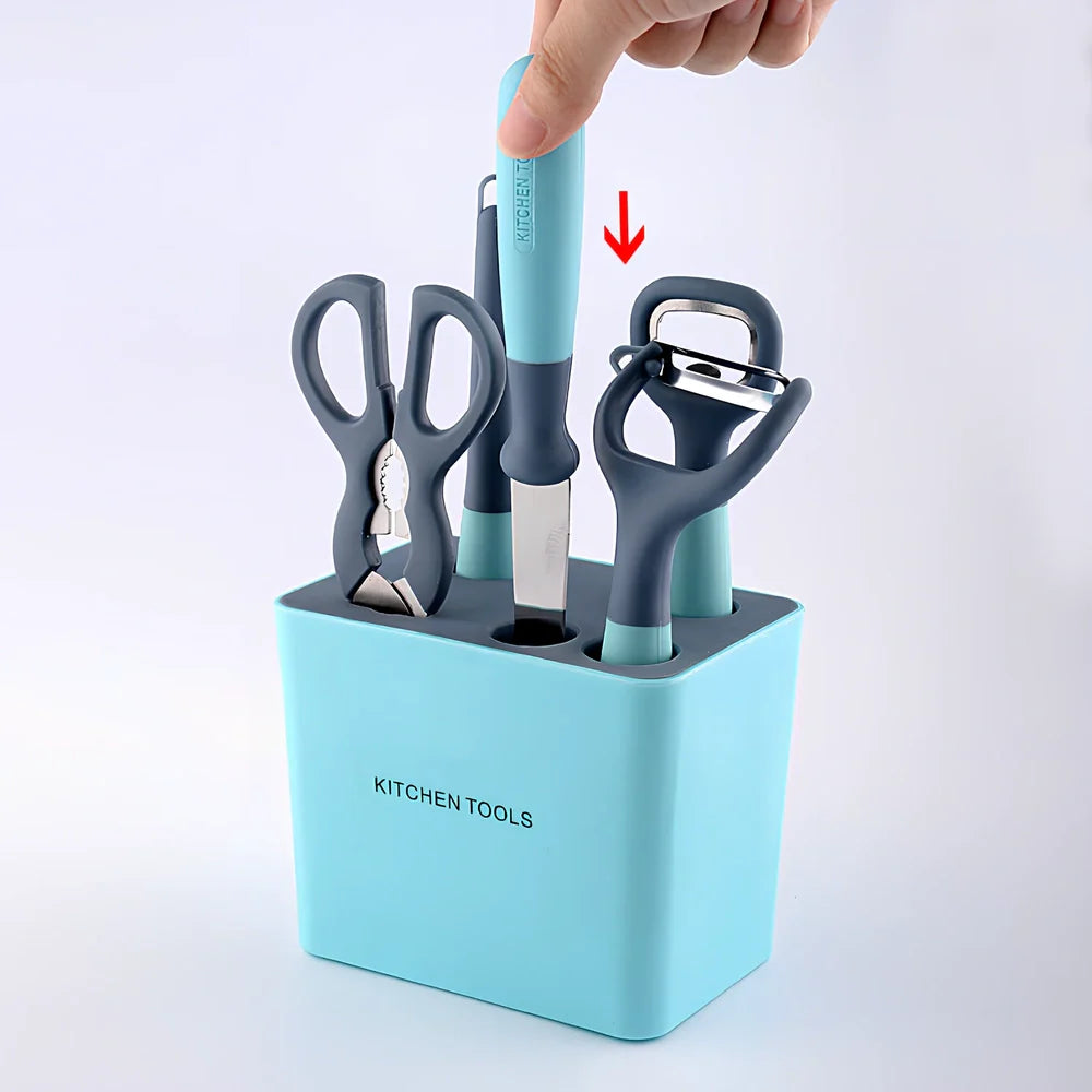 Blue and gray kitchen gadget set with stainless steel blades and ergonomic handles for food preparation