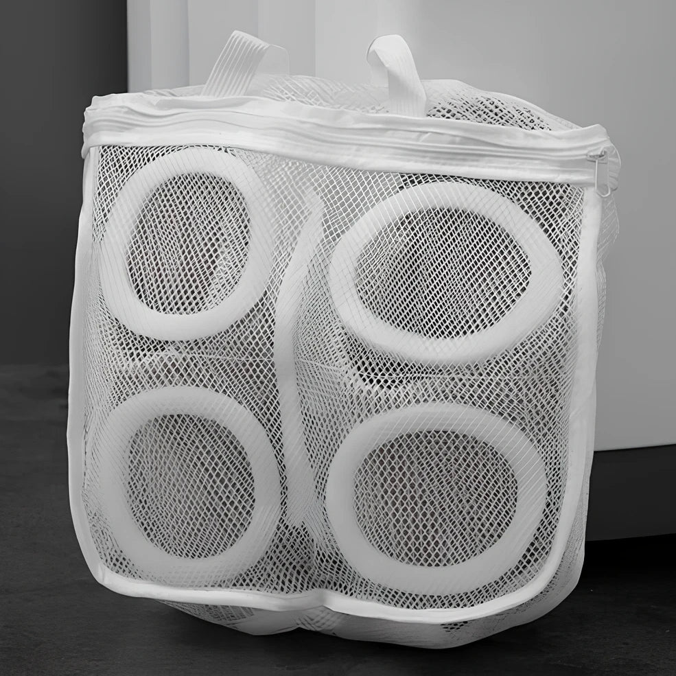 Blue round mesh shoe washing bag with 8mm foam layer and hidden zipper for machine protection, 35cm size