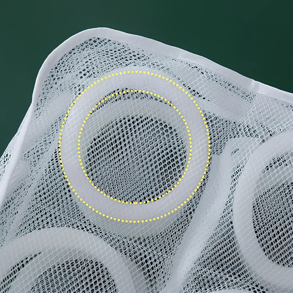 Blue round mesh shoe washing bag with 8mm foam layer and hidden zipper for machine protection, 35cm size