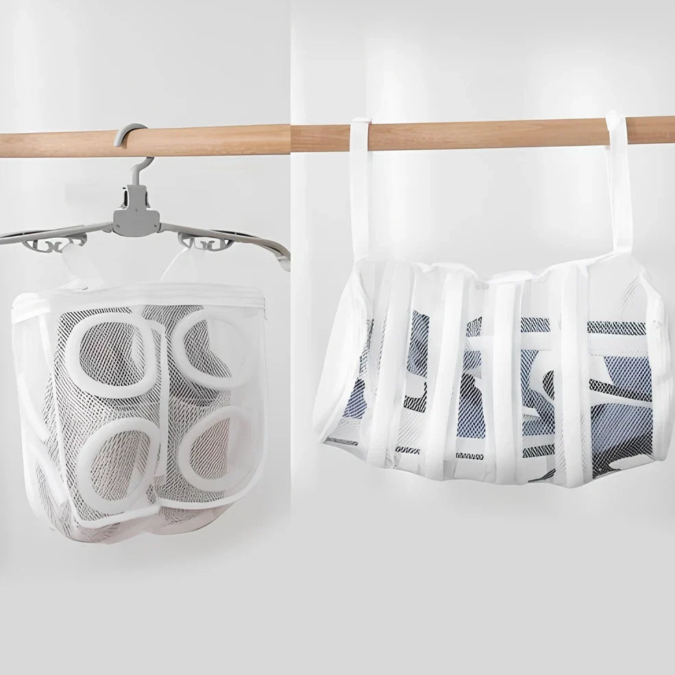 Blue round mesh shoe washing bag with 8mm foam layer and hidden zipper for machine protection, 35cm size