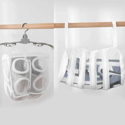 Blue round mesh shoe washing bag with 8mm foam layer and hidden zipper for machine protection, 35cm size