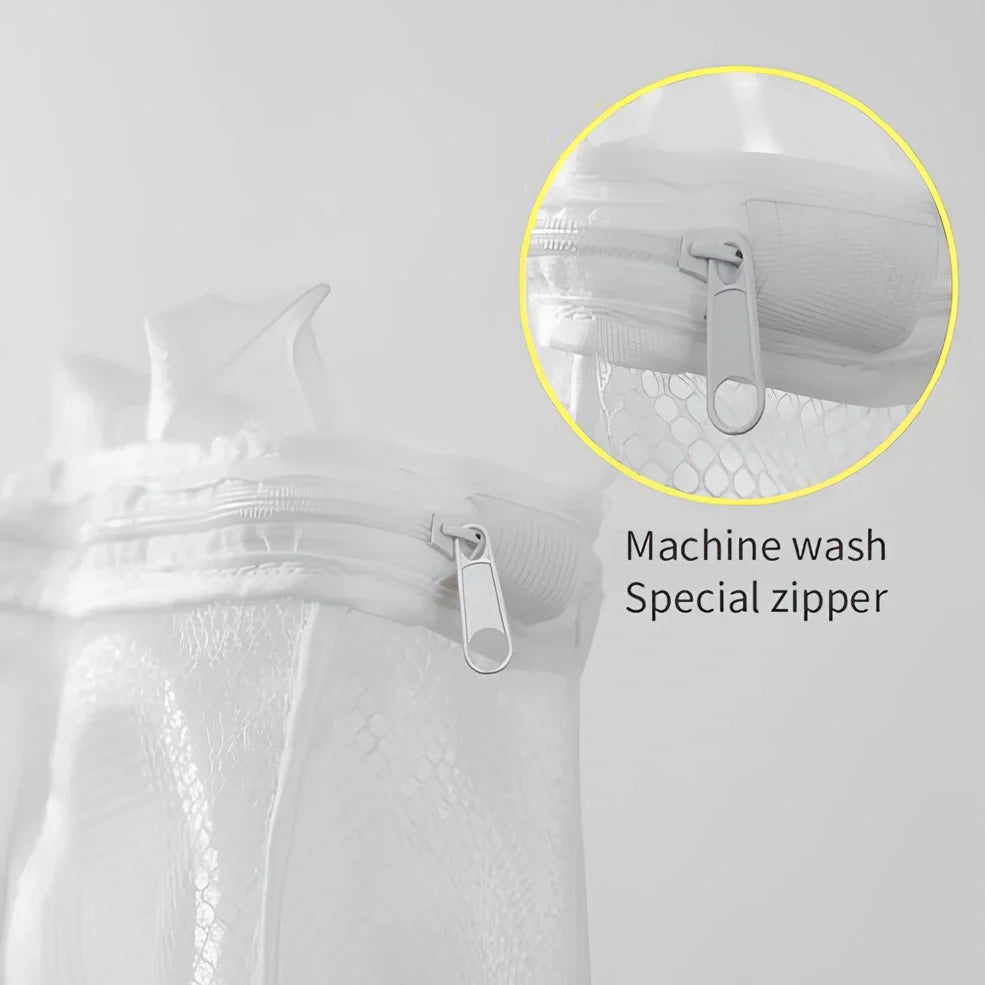 Blue round mesh shoe washing bag with 8mm foam layer and hidden zipper for machine protection, 35cm size