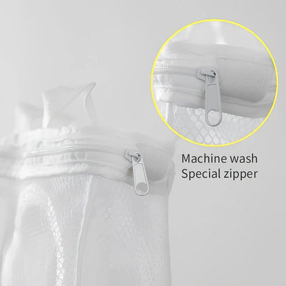 Blue round mesh shoe washing bag with 8mm foam layer and hidden zipper for machine protection, 35cm size