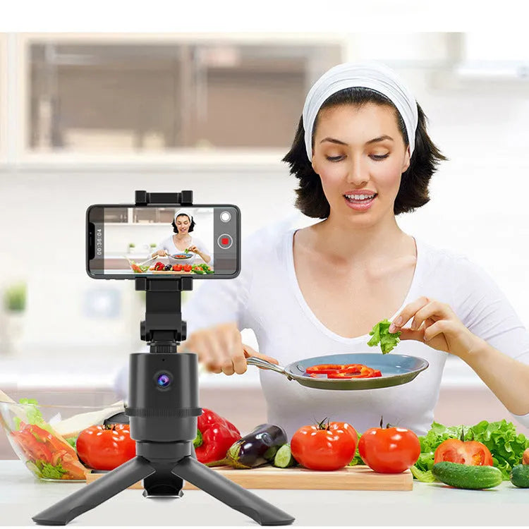 360-degree rotating AI tracking pan-tilt bracket holding a smart phone for hands-free video.