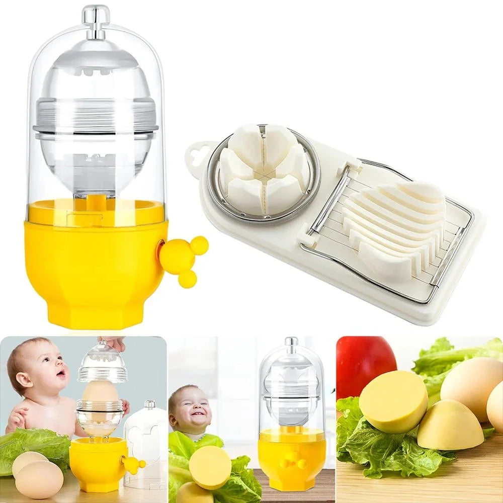 Manual egg mixer with golden egg puller for easy yolk mixing, durable PC cover, and food-grade silicone pads.