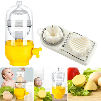 Manual egg mixer with golden egg puller for easy yolk mixing, durable PC cover, and food-grade silicone pads.