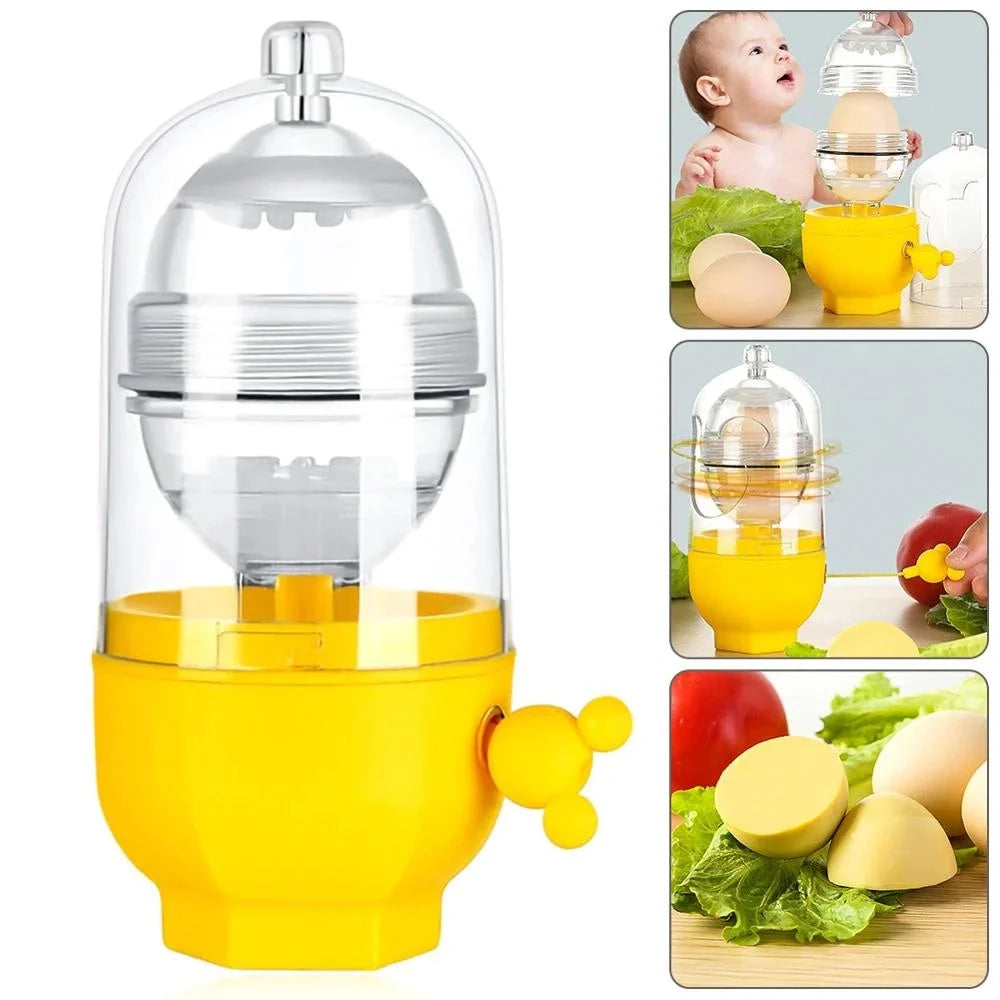 Manual egg mixer with golden egg puller for easy yolk mixing, durable PC cover, and food-grade silicone pads.
