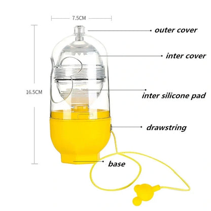 Manual egg mixer with golden egg puller for easy yolk mixing, durable PC cover, and food-grade silicone pads.