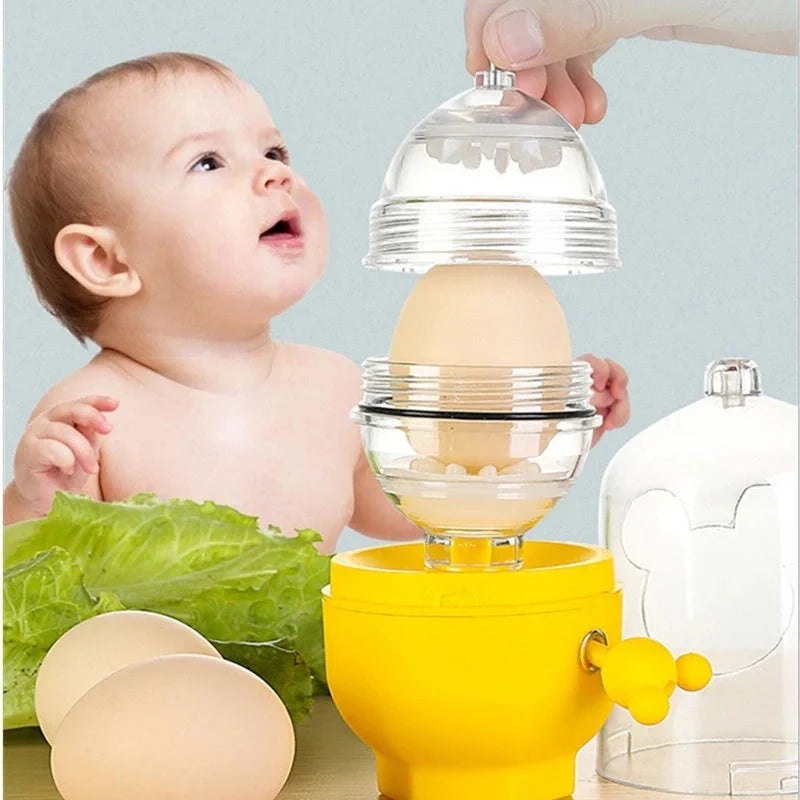 Manual egg mixer with golden egg puller for easy yolk mixing, durable PC cover, and food-grade silicone pads.