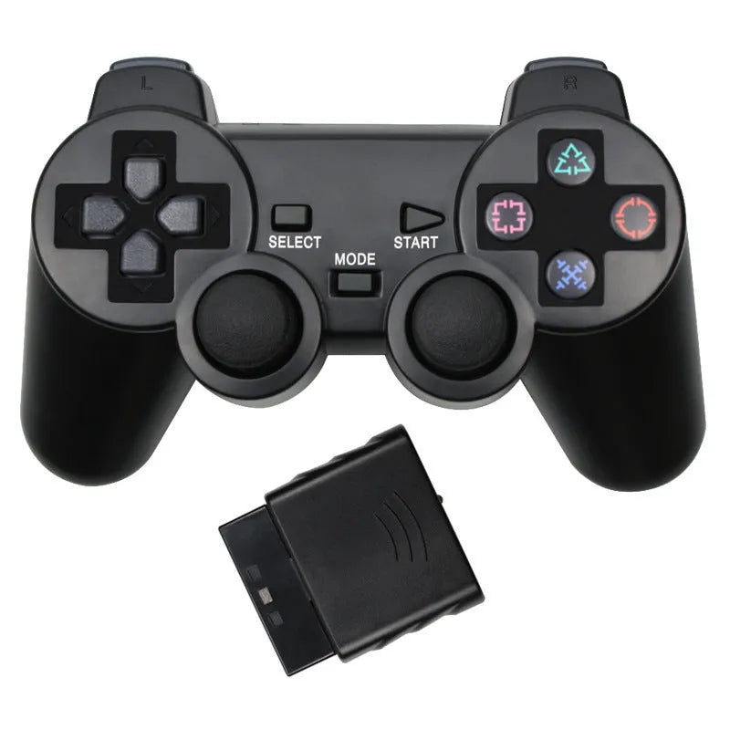 Wireless 2.4G PS2 controller in black with vibration, USB interface, ABS shell, 15.6x8.9x5.1cm