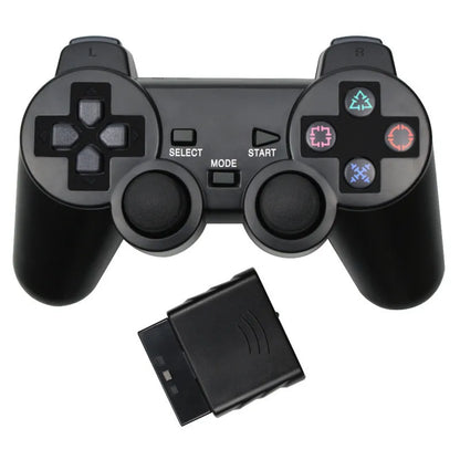Wireless 2.4G PS2 controller in black with vibration, USB interface, ABS shell, 15.6x8.9x5.1cm