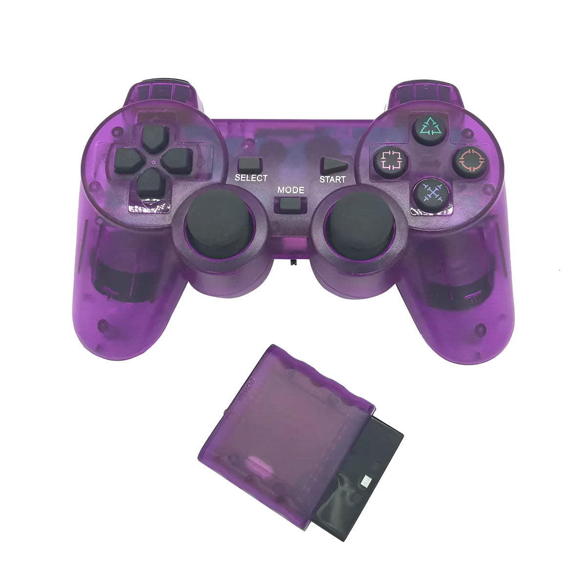 Wireless 2.4G PS2 controller in black with vibration, USB interface, ABS shell, 15.6x8.9x5.1cm