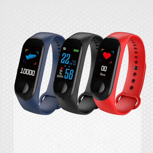 M3 Smart Bracelet with 0.96-inch colour screen on wrist, showing heart rate and step data in black, red, or blue.