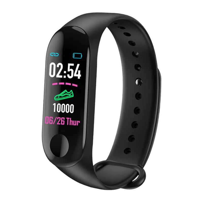 M3 Smart Bracelet with 0.96-inch colour screen on wrist, showing heart rate and step data in black, red, or blue.
