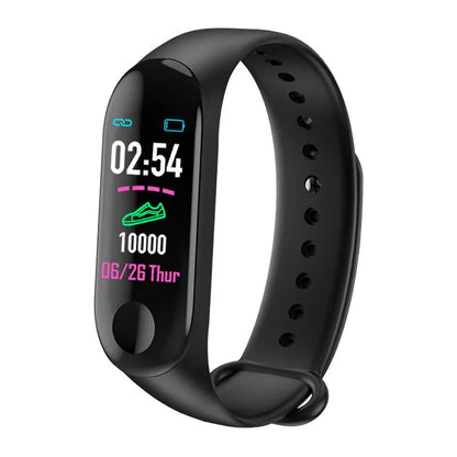 M3 Smart Bracelet with 0.96-inch colour screen on wrist, showing heart rate and step data in black, red, or blue.