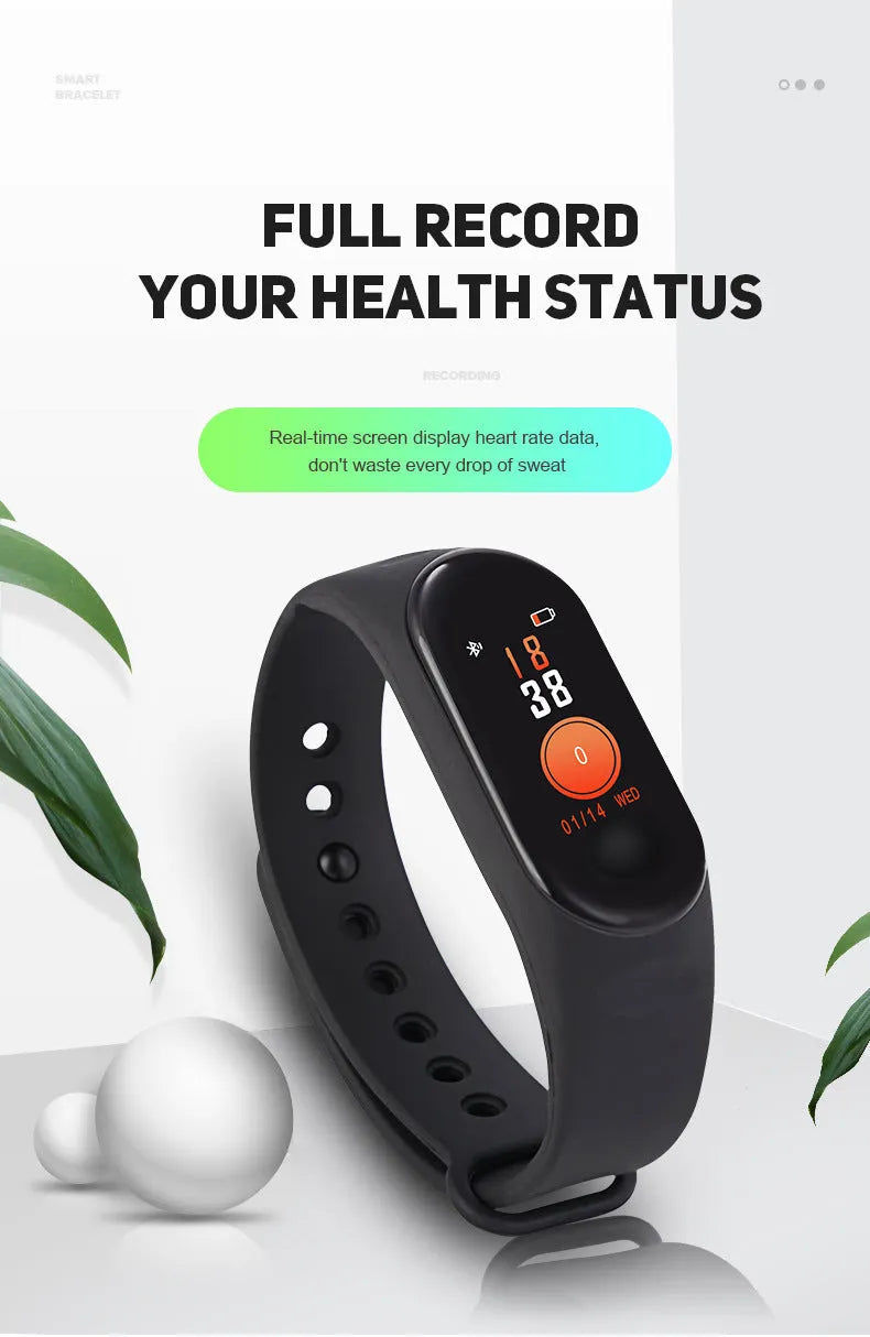 M3 Smart Bracelet with 0.96-inch colour screen on wrist, showing heart rate and step data in black, red, or blue.