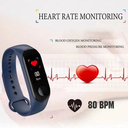 M3 Smart Bracelet with 0.96-inch colour screen on wrist, showing heart rate and step data in black, red, or blue.