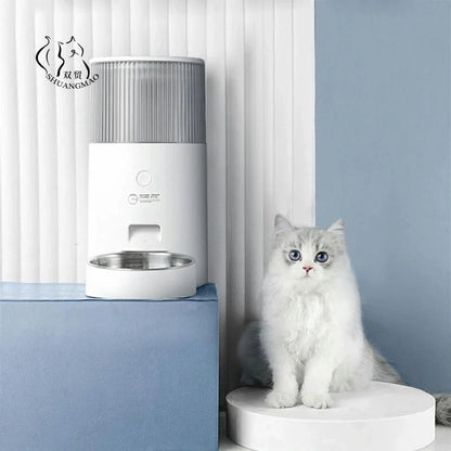 Smart automatic pet feeder with water fountain for cats and dogs, customizable meal portions, voice recording