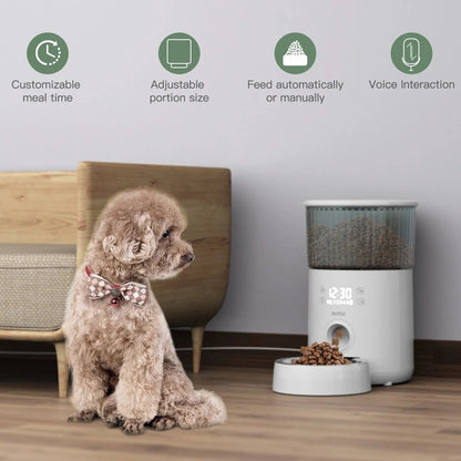 Smart automatic pet feeder with water fountain for cats and dogs, customizable meal portions, voice recording