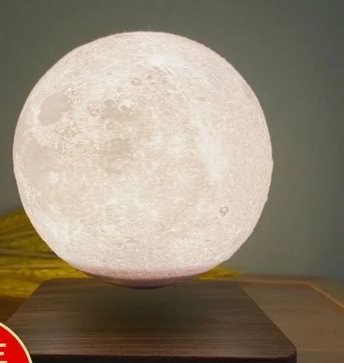 Magnetic levitation moon lamp with 14cm 3D printed moon floating 15mm above a wooden base, touch switch night light