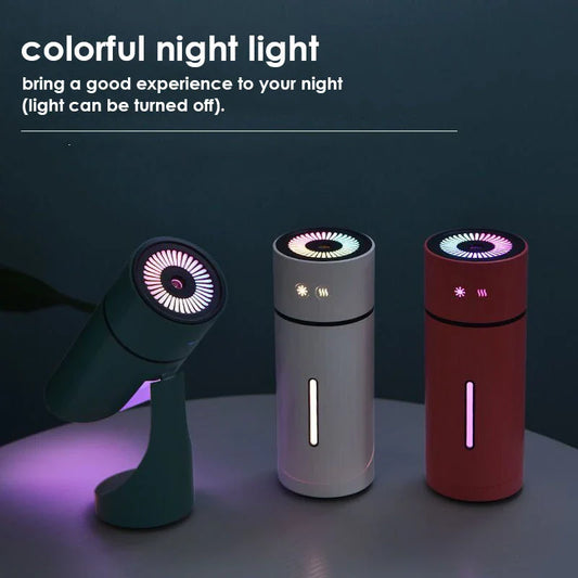 Compact USB powered humidifier with adjustable 90-degree mist direction, colorful night light, and whisper-quiet ultrasonic technology