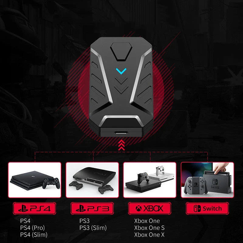 Versatile gaming keyboard and mouse converter compatible with PlayStation, Xbox, and Nintendo Switch consoles