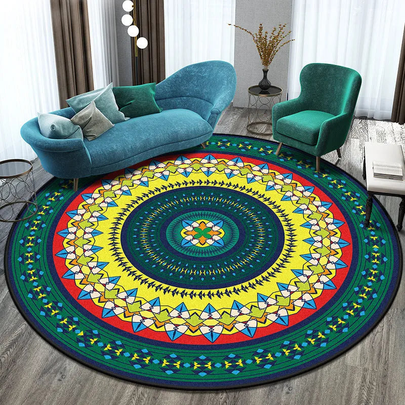 Round polyester rug with national style pattern in living room setting