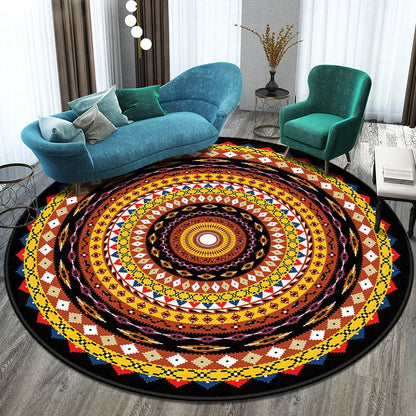Round polyester rug with national style pattern in living room setting