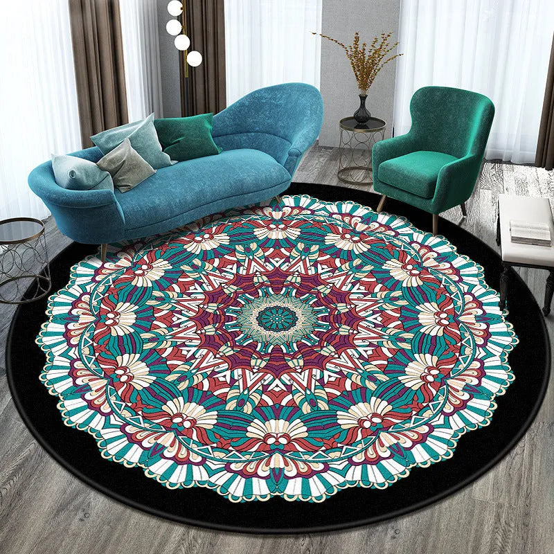 Round polyester rug with national style pattern in living room setting