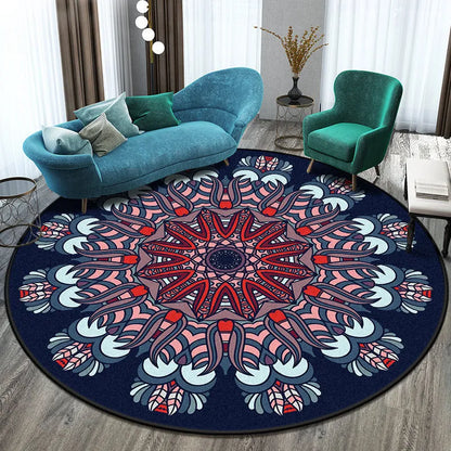 Round polyester rug with national style pattern in living room setting