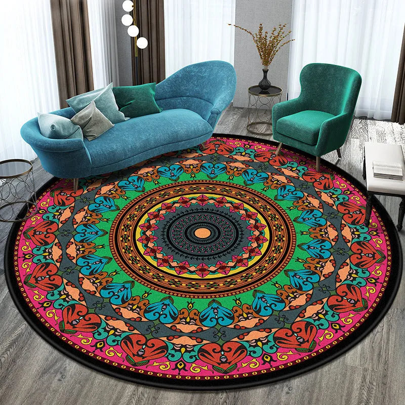 Round polyester rug with national style pattern in living room setting