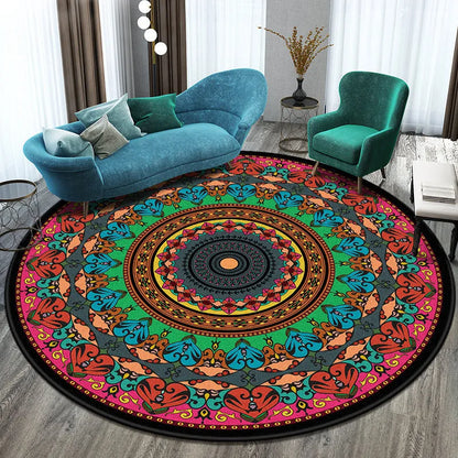 Round polyester rug with national style pattern in living room setting