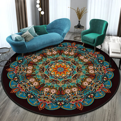 Round polyester rug with national style pattern in living room setting
