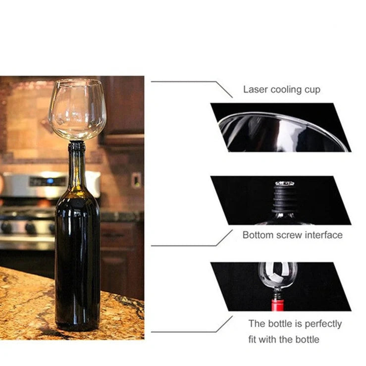 Crystal transparent glass red wine bottle drinking cup with screw-on base stopper showing 601-700ml capacity