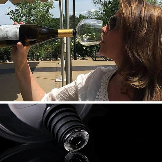 Crystal transparent glass red wine bottle drinking cup with screw-on base stopper showing 601-700ml capacity