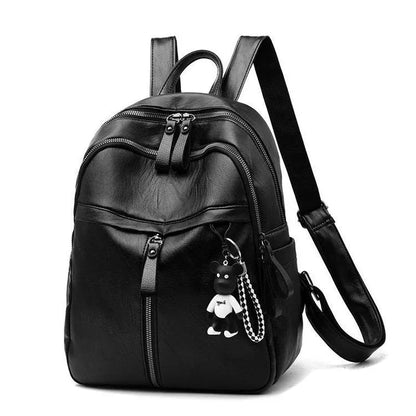 Black PU leather backpack with double straps showing ID compartment and zipper opening