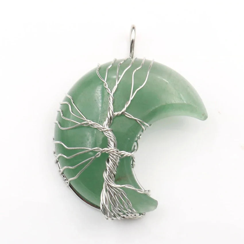 Handmade Moon Natural Crystal Stone Tree of Life Pendant Necklace in various colors