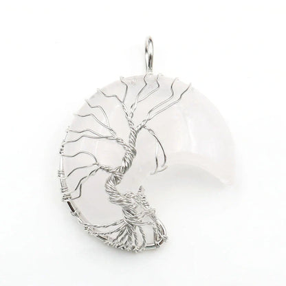 Handmade Moon Natural Crystal Stone Tree of Life Pendant Necklace in various colors